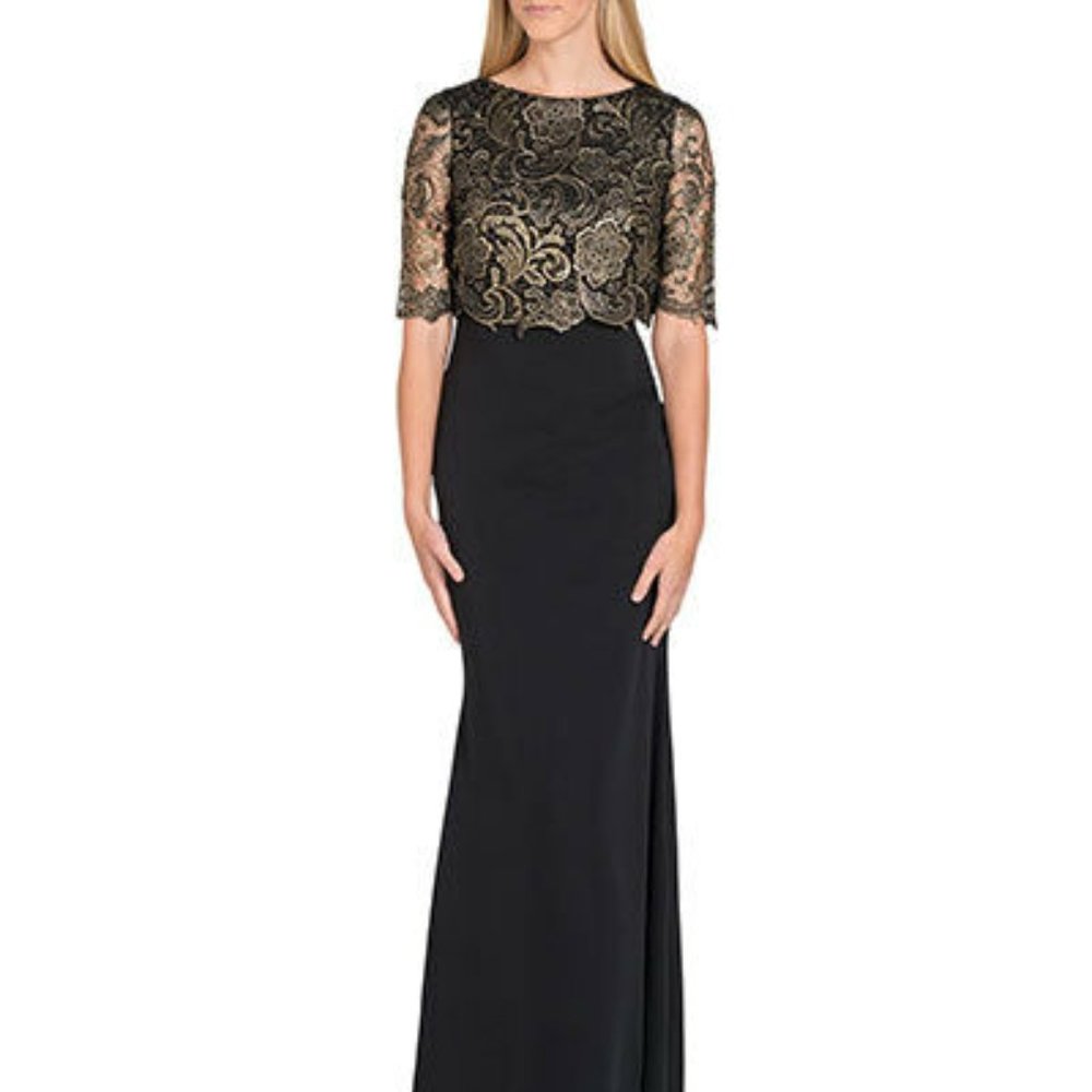 NWT Badgley Mischka Collection T-Shirt Pop-Over Black Dress w/ Gold Lace Overlay